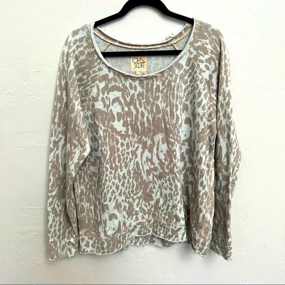 Chaser Leopard Print Cotton Linen Scoop Neck Sweater - Picture 1 of 5